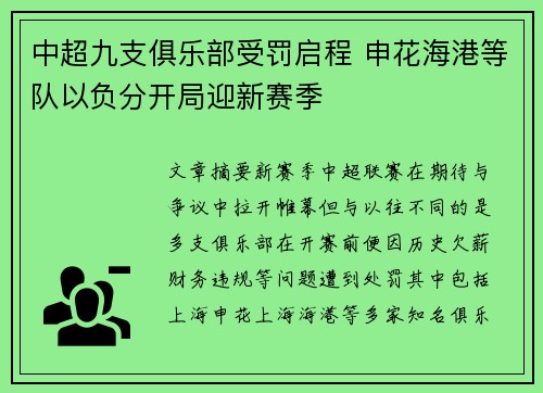 中超九支俱乐部受罚启程 申花海港等队以负分开局迎新赛季