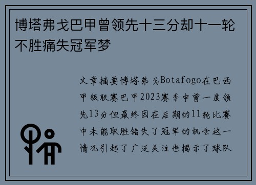 博塔弗戈巴甲曾领先十三分却十一轮不胜痛失冠军梦
