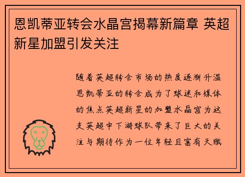 恩凯蒂亚转会水晶宫揭幕新篇章 英超新星加盟引发关注 恩凯蒂亚转会水晶宫揭幕新篇章 英超新星加盟引发关注