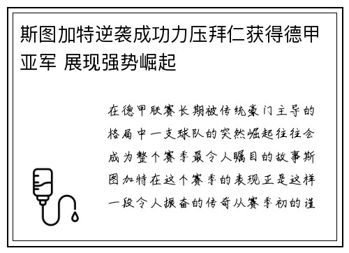 斯图加特逆袭成功力压拜仁获得德甲亚军 展现强势崛起