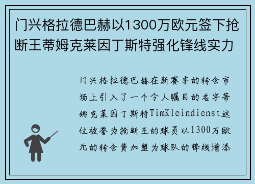 门兴格拉德巴赫以1300万欧元签下抢断王蒂姆克莱因丁斯特强化锋线实力